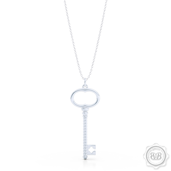 Classic Key Pendant Necklace with a clover accent. Handcrafted in Sterling Silver or White Gold. Available in three sizes. Free Shipping USA. 30 Day Returns. Free Silver Chain option. | BASHERT JEWELRY | Boca Raton, Florida