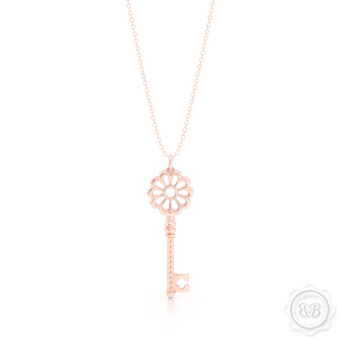 Intricate Key Pendant Necklace, inspired by Venetian architecture elements. handcrafted in 14K or 18K Rose Gold. Available in three sizes. Free Silver Chain option. Free Shipping USA. 30-Day Returns. | BASHERT JEWELRY | Boca Raton, Florida
