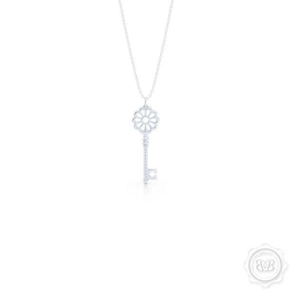 Intricate Key Pendant Necklace, inspired by Venetian architecture elements. handcrafted in Sterling Silver or White Gold. Available in three sizes. Free Silver Chain option. Free Shipping USA. 30-Day Returns. | BASHERT JEWELRY | Boca Raton, Florida