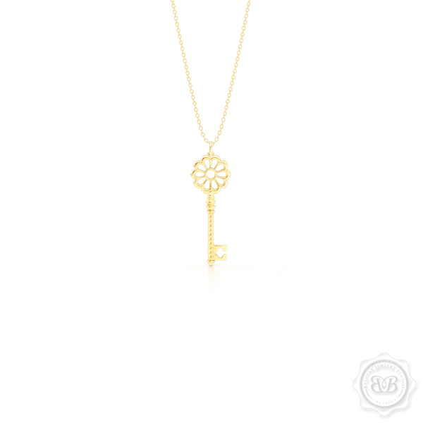 Intricate Key Pendant Necklace, inspired by Venetian architecture elements. handcrafted in 14K or 18K Yellow Gold. Available in three sizes. Free Silver Chain option. Free Shipping USA. 30-Day Returns. | BASHERT JEWELRY | Boca Raton, Florida