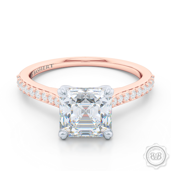 Classic Four-Prong Asscher Cut Diamond Solitaire Ring. Handcrafted in two-tone Rose Gold and Platinum. Elegantly Tapered Bead-Set Diamond Shoulders.  GIA Certified center Diamond.  Free Shipping USA. 30-Day Returns | BASHERT JEWELRY | Boca Raton, Florida.