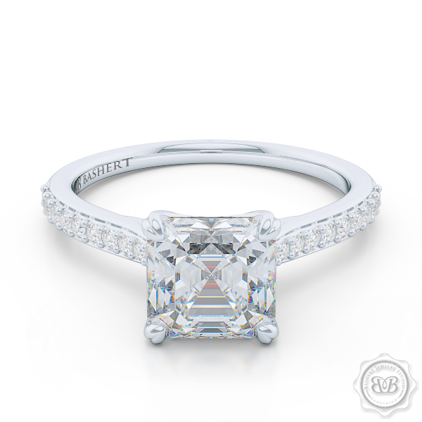 Classic Four-Prong Asscher Cut Moissanite Solitaire Ring. Handcrafted in White Gold or Platinum. Elegantly Tapered Bead-Set Diamond Shoulders. Forever One Charles & Colvard Moissanite.  Free Shipping USA. 30-Day Returns | BASHERT JEWELRY | Boca Raton, Florida.