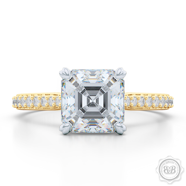 Classic Four-Prong Asscher Cut Moissanite Solitaire Ring. Handcrafted in two-tone Yellow Gold and Platinum. Elegantly Tapered Bead-Set Diamond Shoulders. Forever One Charles & Colvard Moissanite.  Free Shipping USA. 30-Day Returns | BASHERT JEWELRY | Boca Raton, Florida.