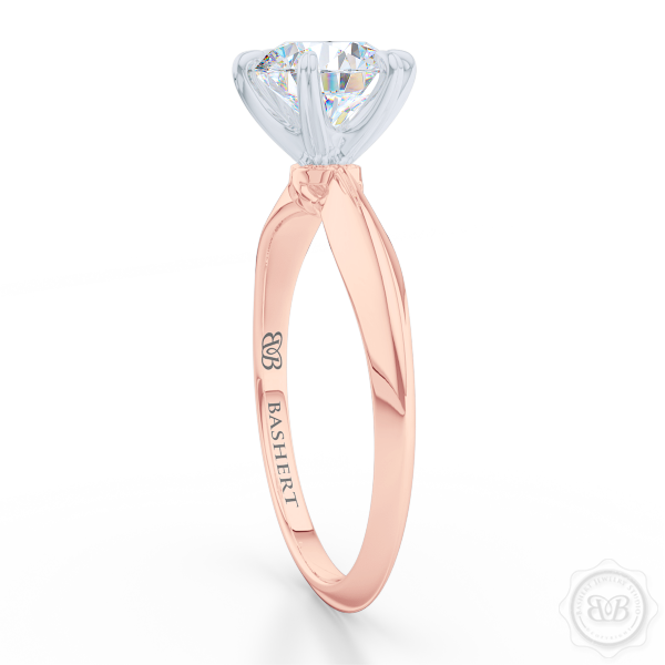 Classic Six-Prong Round Moissanite Solitaire Ring Crafted in Romantic Rose Gold and Precious Platinum.  Create Your Own Dream Engagement Ring.  Free Shipping USA. 30-Day Returns | BASHERT JEWELRY | Boca Raton, Florida