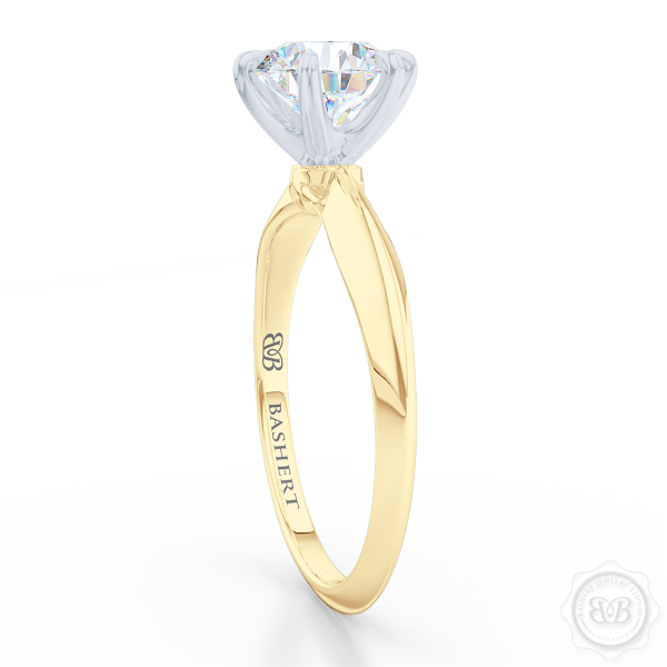 Classic Six-Prong Round Moissanite Solitaire Ring Crafted in Classic Yellow Gold and Precious Platinum.  Create Your Own Dream Engagement Ring.  Free Shipping USA. 30-Day Returns | BASHERT JEWELRY | Boca Raton, Florida