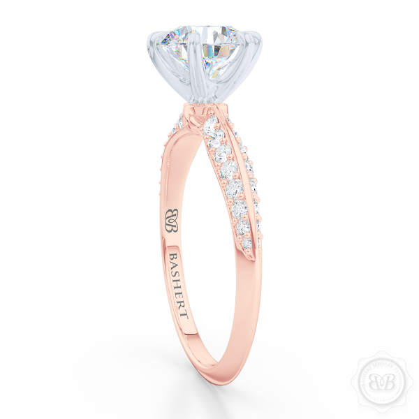 Classic Six-Prong Diamond Solitaire Engagement Ring. Elegantly beveled knife-edge, Diamond encrusted shoulders. Handcrafted in two-tone Rose Gold and Platinum crown. GIA Certified Round Brilliant Diamond. Free Shipping USA.  30-Day Returns | BASHERT JEWELRY | Boca Raton, Florida.