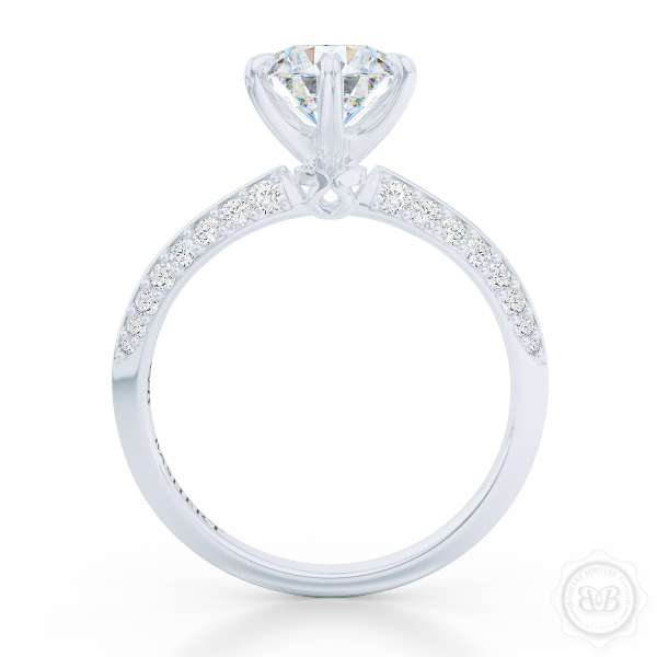 Classic Six-Prong Diamond Solitaire Engagement Ring. Elegantly beveled knife -edge, Diamond encrusted shoulders. Handcrafted in White Gold or Platinum. GIA Certified Round Brilliant Diamond. Free Shipping USA.  30-Day Returns | BASHERT JEWELRY | Boca Raton, Florida.