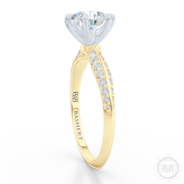 Classic Six-Prong Diamond Solitaire Engagement Ring. Elegantly beveled knife-edge, Diamond encrusted shoulders. Handcrafted in two-tone Yellow Gold and Platinum crown. GIA Certified Round Brilliant Diamond. Free Shipping USA.  30-Day Returns | BASHERT JEWELRY | Boca Raton, Florida.