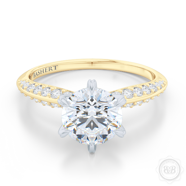 Classic Six-Prong Round Solitaire Engagement Ring. Elegantly beveled knife-edge Diamond shoulders. Handcrafted in two-tone Yellow Gold and Platinum. Charles & Colvard Round Brilliant Moissanite. Free Shipping USA.  30Day Returns | BASHERT JEWELRY | Boca Raton Florida