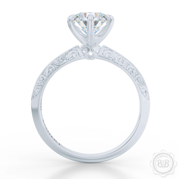 Classic knife-edge, Six-Prong Round Diamond Solitaire Engagement Ring. Crafted in White Gold or Precious Platinum. Elegantly hand-engraved shoulders. GIA Certified Diamond. Free Shipping USA. 30-Day Returns | BASHERT JEWELRY | Boca Raton, Florida
