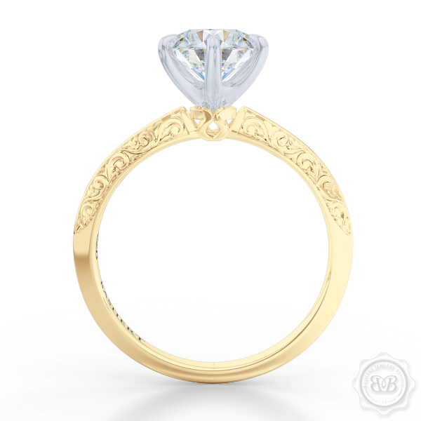 Classic knife-edge six-prong round Diamond Solitaire Engagement Ring. Crafted in Classic Yellow Gold and Precious Platinum. Elegantly hand-engraved starry swirl shoulders. GIA Certified Diamond.  Free Shipping USA. 30-Day Returns | BASHERT JEWELRY | Boca Raton, Florida