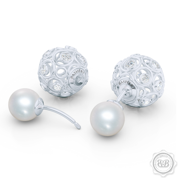 A Chic, Sophisticated Touch of Elegance. Diamond Iced Globes and White Akoya Pearl Double-Sided Tribal Earrings, Handcrafted in White Gold. Free Shipping on All USA Orders. 30Day Returns | BASHERT JEWELRY | Boca Raton Florida