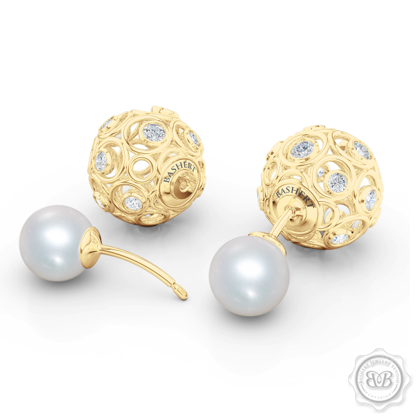 A Chic, Sophisticated Touch of Elegance. Diamond Iced Globes and White Akoya Pearl Double-Sided Tribal Earrings, Handcrafted in Classic Yellow Gold. Free Shipping on All USA Orders. 30Day Returns | BASHERT JEWELRY | Boca Raton Florida