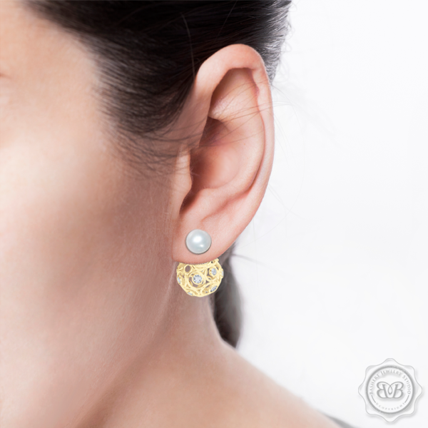 A Chic, Sophisticated Touch of Elegance. Diamond Iced Globes and White Akoya Pearl Double-Sided Tribal Earrings, Handcrafted in Classic Yellow Gold. Free Shipping on All USA Orders. 30Day Returns | BASHERT JEWELRY | Boca Raton Florida