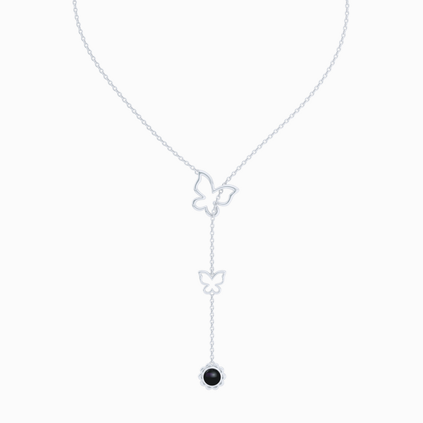 Sterling Silver Lariat Necklace. Pull-through Butterfly Accent. Silver Flower Drop adorned with a genuine Onyx or gemstone of your choice.  Free Shipping to all USA. 15 Day Returns. BASHERT JEWELRY | Boca Raton, Florida