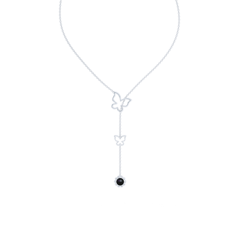Sterling Silver Lariat Necklace. Pull-through Butterfly Accent. Silver Flower Drop adorned with a genuine Onyx or gemstone of your choice.  Free Shipping to all USA. 15 Day Returns. BASHERT JEWELRY | Boca Raton, Florida