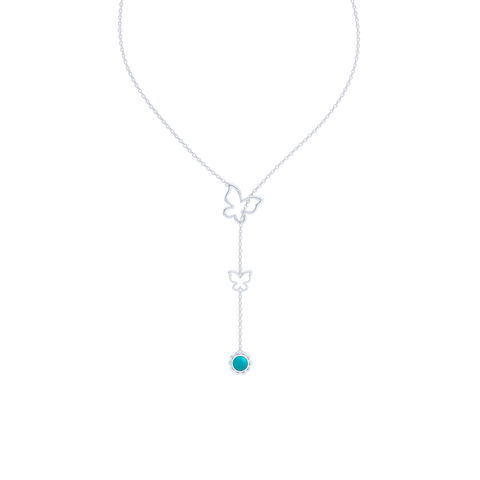 Sterling Silver Lariat Necklace. Pull-through Butterfly Accent. Silver Flower Drop adorned with a genuine Sleeping Beauty Turquoise or gemstone of your choice.  Free Shipping to all USA. 15 Day Returns. BASHERT JEWELRY | Boca Raton, Florida