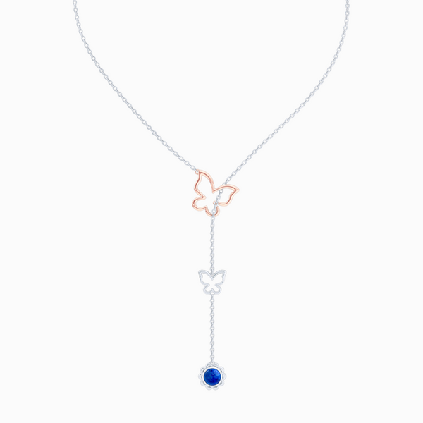 Sterling Silver Lariat Necklace. Pull-through Butterfly Accent. Silver Flower Drop adorned with a genuine Lapis Lazuli or gemstone of your choice.  Free Shipping to all USA. 15 Day Returns. BASHERT JEWELRY | Boca Raton, Florida