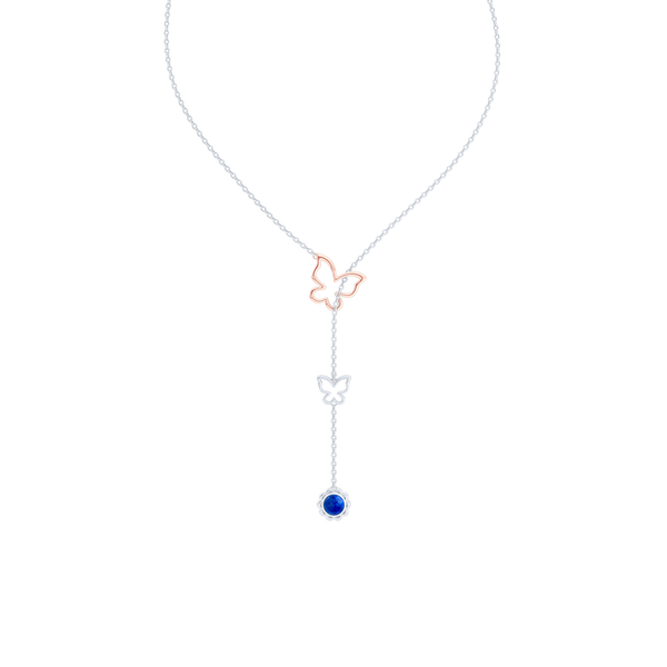 Sterling Silver Lariat Necklace. Pull-through Butterfly Accent. Silver Flower Drop adorned with a genuine Lapis Lazuli or gemstone of your choice.  Free Shipping to all USA. 15 Day Returns. BASHERT JEWELRY | Boca Raton, Florida