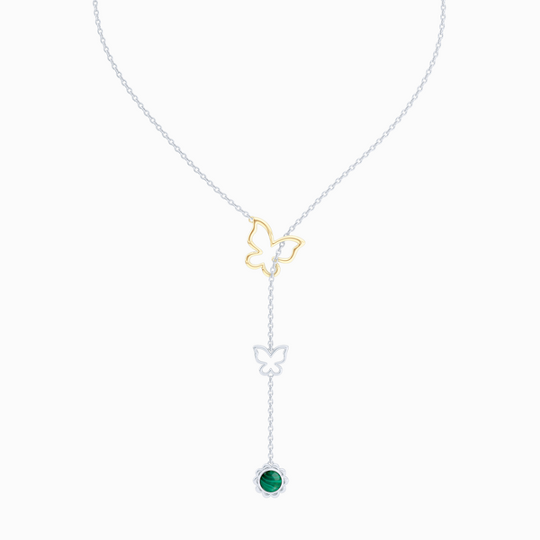 Sterling Silver Lariat Necklace. Pull-through Butterfly Accent. Silver Flower Drop adorned with a genuine Malachite or gemstone of your choice.  Free Shipping to all USA. 15 Day Returns. BASHERT JEWELRY | Boca Raton, Florida