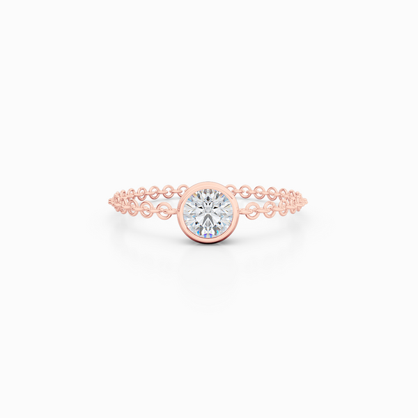 Fashion, stackable ring, featuring bezel set round diamond, suspended on a filigree chain. Hand-fabricated in ethically sourced, solid Rose Gold. | Free Shipping on all orders in The USA. |  Bashert Jewelry.  Boca Raton Florida.