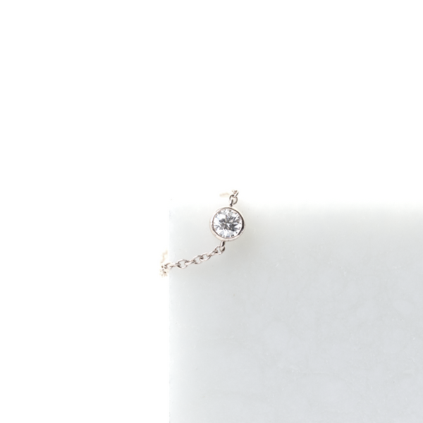 Fashion, stackable ring, featuring bezel set round diamond, suspended on a filigree chain. Hand-fabricated in ethically sourced, solid White Gold. | Free Shipping on all orders in The USA. |  Bashert Jewelry.  Boca Raton Florida.