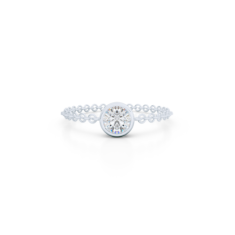 Fashion, stackable ring, featuring bezel set round diamond, suspended on a filigree chain. Hand-fabricated in ethically sourced, solid White Gold. | Free Shipping on all orders in The USA. |  Bashert Jewelry.  Boca Raton Florida.