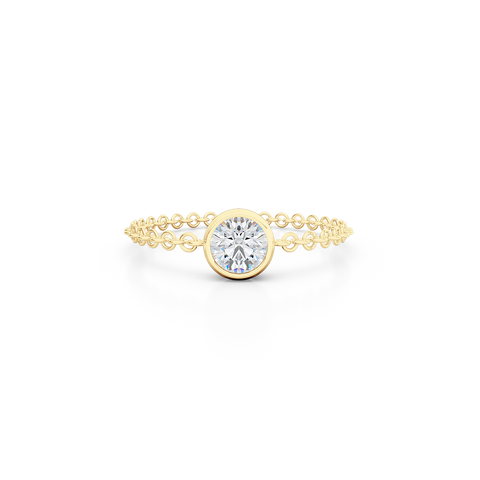 Fashion, stackable ring, featuring bezel set round diamond, suspended on a filigree chain. Hand-fabricated in ethically sourced, solid Yellow Gold. | Free Shipping on all orders in The USA. |  Bashert Jewelry.  Boca Raton Florida.