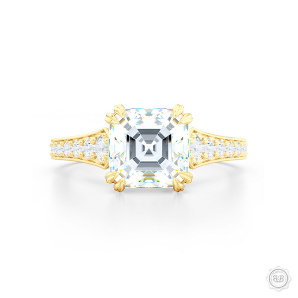 Classic Asscher Cut Diamond Solitaire Engagement Ring with vintage inspired lines. Handcrafted in Classic Yellow Gold. Bead-Set Diamond Shoulders. GIA Certified Step-Cut Asscher Diamond. Free Shipping USA. 30-Day Returns | BASHERT JEWELRY | Boca Raton, Florida.