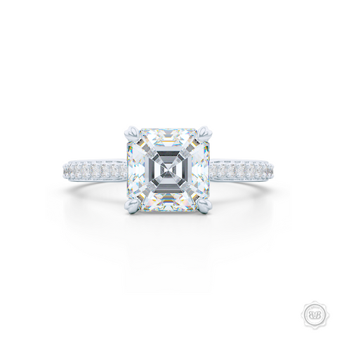 Classic Four-Prong Asscher Cut Diamond Solitaire Ring. Handcrafted in White Gold or Platinum. Elegantly Tapered Bead-Set Diamond Shoulders.  GIA Certified Asscher cut Diamond.  Free Shipping USA. 30-Day Returns | BASHERT JEWELRY | Boca Raton, Florida.