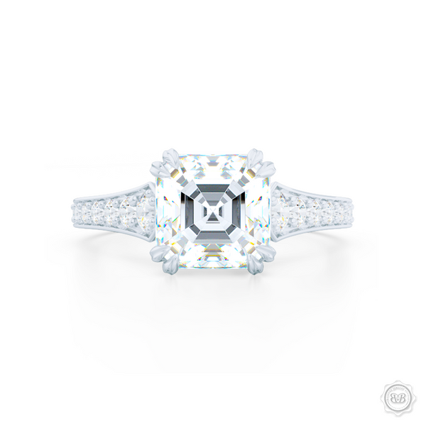 Classic Asscher Cut Diamond Solitaire Engagement Ring with vintage inspired lines. Handcrafted in Precious Platinum or White Gold. Bead-Set Diamond Shoulders. GIA Certified Step-Cut Asscher Diamond. Free Shipping USA. 30-Day Returns | BASHERT JEWELRY | Boca Raton, Florida.