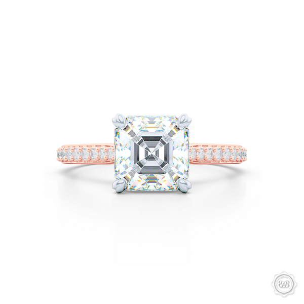 Two-tone gold, classic Four-Prong Asscher Cut Diamond Solitaire Engagement Ring. Handcrafted in Rose Gold and Platinum crown. Elegantly Tapered Bead-Set Diamond Shoulders.  GIA Certified Asscher cut Diamond.  Free Shipping USA. 30-Day Returns | BASHERT JEWELRY | Boca Raton, Florida.
