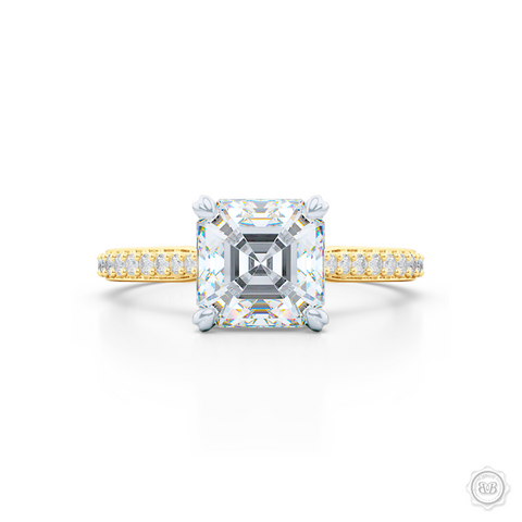Two-tone gold, classic Four-Prong Asscher Cut Diamond Solitaire Engagement Ring. Handcrafted in Yellow Gold and Platinum crown. Elegantly Tapered Bead-Set Diamond Shoulders.  GIA Certified Asscher cut Diamond.  Free Shipping USA. 30-Day Returns | BASHERT JEWELRY | Boca Raton, Florida.