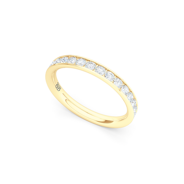 Classic, channel-set Diamond Eternity Wedding Ring. Elegant lines, handcrafted in Classic Yellow Gold and Round Brilliant Diamonds. Free Shipping for All USA Orders. 15 Day Returns | BASHERT JEWELRY | Boca Raton, Florida
