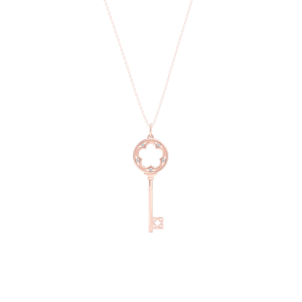 A classic Clover Key Pendant with an elegant appeal. Hand-fabricated in sustainable, solid Rose Gold. Adorned with 0.05ct Round Brilliant Diamond Set in Soft Bezel Pots. Free Shipping for All USA Orders. 15 Day Returns | BASHERT JEWELRY | Boca Raton, Florida
