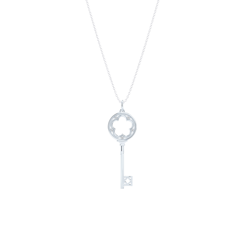 A classic Clover Key Pendant with an elegant appeal. Hand-fabricated in sustainable, solid White Gold. Adorned with 0.05ct Round Brilliant Diamond Set in Soft Bezel Pots. Free Shipping for All USA Orders. 15 Day Returns | BASHERT JEWELRY | Boca Raton, Florida