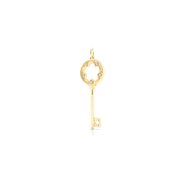 A classic Clover Key Pendant with an elegant appeal. Hand-fabricated in sustainable, solid Yellow Gold. Adorned with 0.05ct Round Brilliant Diamond Set in Soft Bezel Pots. Free Shipping for All USA Orders. 15 Day Returns | BASHERT JEWELRY | Boca Raton, Florida