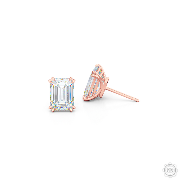 Classic Emerald cut Moissanite Stud Earrings. Handcrafted in Romantic Rose Gold. Find The Perfect Pair for Your Budget.  Lab-Grown Diamonds options available! Free Shipping on All USA Orders. 30-Day Returns | BASHERT JEWELRY | Boca Raton, Florida.
