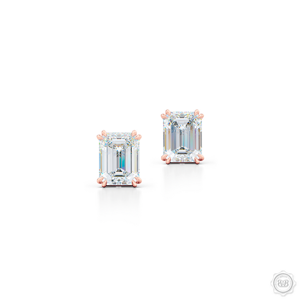 Classic Emerald cut Diamond Stud Earrings. Handcrafted in Romantic Rose Gold. Find The Perfect Pair for Your Budget. Moissanite and Lab-Grown Diamonds options available! Free Shipping on All USA Orders. 30-Day Returns | BASHERT JEWELRY | Boca Raton, Florida.
