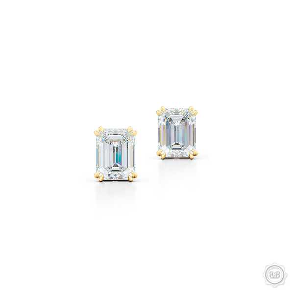 Classic Emerald cut Moissanite Stud Earrings. Handcrafted in Classic Yellow Gold. Find The Perfect Pair for Your Budget.  Lab-Grown Diamonds options available! Free Shipping on All USA Orders. 30-Day Returns | BASHERT JEWELRY | Boca Raton, Florida.