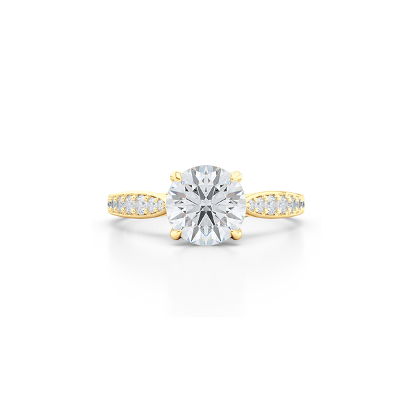 Award-Winning, Round Solitaire Engagement Ring. Hand-fabricated in solid, sustainable Yellow Gold. Signature Heart Crown showcasing a Charles & Colvard, Forever One Round Brilliant Moissanite. Diamond Shoulders. Free Shipping USA. 15 Day Returns | BASHERT JEWELRY | Boca Raton, Florida