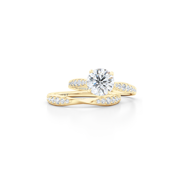 Award-Winning, Round Solitaire Engagement Ring. Hand-fabricated in solid, sustainable Yellow Gold. Signature Heart Crown showcasing a Charles & Colvard, Forever One Round Brilliant Moissanite. Diamond Shoulders. Free Shipping USA. 15 Day Returns | BASHERT JEWELRY | Boca Raton, Florida