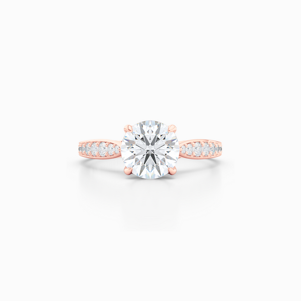 Award-Winning, Round Solitaire Engagement Ring. Hand-fabricated in solid, sustainable Rose Gold. Signature Heart Crown showcasing a Charles & Colvard, Forever One Round Brilliant Moissanite. Diamond Shoulders. Free Shipping USA. 15 Day Returns | BASHERT JEWELRY | Boca Raton, Florida