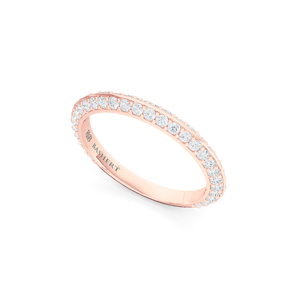 Knife-Edge, diamond encrusted wedding ring. Elegant bevel sides with a bead-set brilliant  diamond melees, hand-fabricated in Romantic Rose Gold. Free Shipping for All USA Orders. | BASHERT JEWELRY | Boca Raton, Florida.