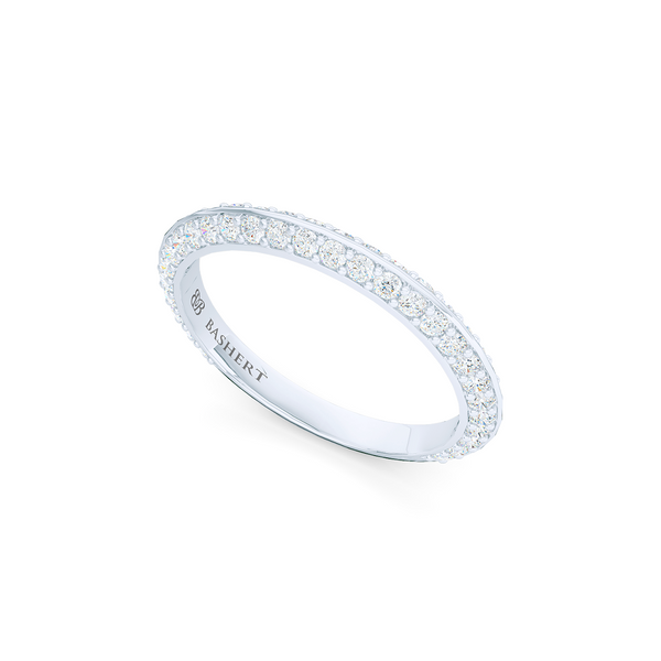 Knife-Edge, diamond encrusted wedding ring. Elegant bevel sides with a bead-set diamond melees. Hand-fabricated in Precious Platinum or White Gold. Free Shipping for All USA Orders. | BASHERT JEWELRY | Boca Raton, Florida.
