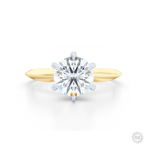 Classic Six-Prong Diamond Solitaire Ring Crafted in two-tone Classic Yellow Gold and Precious Platinum crown. GIA certified Round Brilliant Diamond. Classic knife-edge ring shoulders.  Free Shipping USA. 30-Day Returns | BASHERT JEWELRY | Boca Raton, Florida