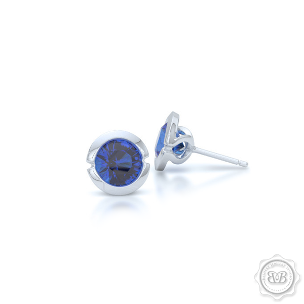 Classic Martini Stud Earrings with a modern twist. Handcrafted in White Gold or Platinum and Royal Blue Sapphires. Find The Perfect Pair for Your Budget. Make it Personal - Choose Your Gemstones! Free Shipping on All USA Orders. 30-Day Returns | BASHERT JEWELRY | Boca Raton, Florida.
