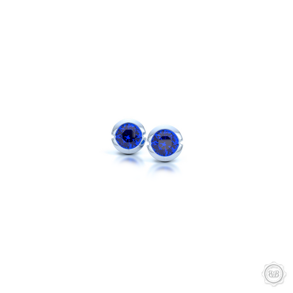 Classic Sapphire Martini Stud Earrings with a modern twist. Handcrafted in White Gold or Platinum and Royal Blue Sapphires. Find The Perfect Pair for Your Budget. Make it Personal - Choose Your Gemstones! Free Shipping on All USA Orders. 30-Day Returns | BASHERT JEWELRY | Boca Raton, Florida.