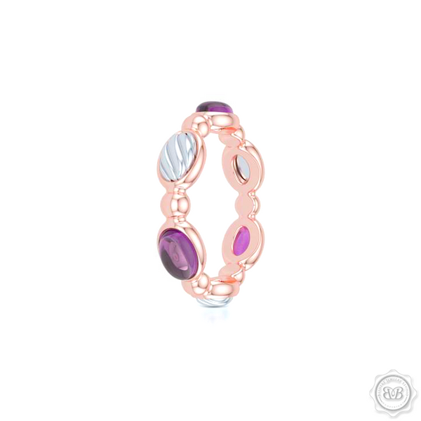 Lilac Amethyst - Color Gemstone Eternity, Anniversary, Stackable Ring Band. Handcrafted in two tone gold. Rose Gold Band and White Gold accents.  Free Shipping on all USA orders. 30 Day Returns. BASHERT JEWELRY | Boca Raton, Florida