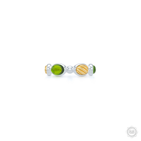 Green Peridot  Gemstone Eternity, Anniversary, Stackable Ring Band. Handcrafted in two tone gold. White Gold Band and Yellow Gold accents.  Free Shipping on all USA orders. 30 Day Returns. BASHERT JEWELRY | Boca Raton, Florida